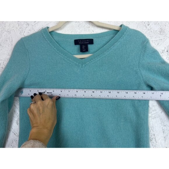 Tahari Two Ply Cashmere Aqua Blue Fitted V-Neck Sweater Ribbed Hem & Cuffs - Picture 7 of 9